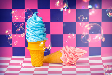 Surreal blue and pink ice cream cones with bubbles on retro checkered background