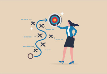 Strategy planning, method or tactic to win business reach goal, solution to avoid obstacle, path to success or discover solution to succeed concept, businesswoman present strategic plan to success
