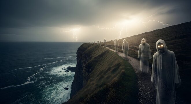 Eerie hooded figures with glowing eyes walk a dramatic coastal cliff path under a stormy, lightning - Powered by Adobe