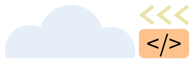 Cloud shape with coding tag and arrows symbolizing data transfer, signifying hosting, programming, and storage. Ideal for cloud services, web development, programming, data integration, hosting