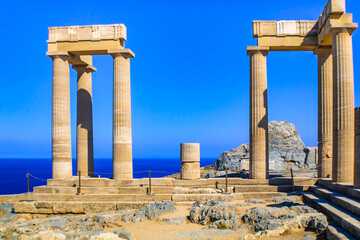 The Acropolis of Lindos. the ruins of an ancient citadel on a steep cliff with sea views, Rhodes,  Greece