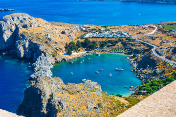  St Paul’s Bay seen from the Acropolis of Lindos, Rhodes, Greece