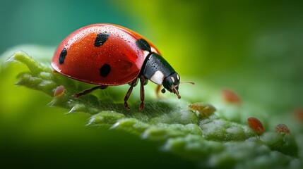 Ladybug Crawling on Green Leaf