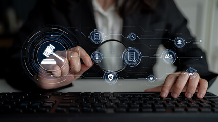 Futuristic digital law interface displaying justice scale, highlighting digital law, AI compliance,...