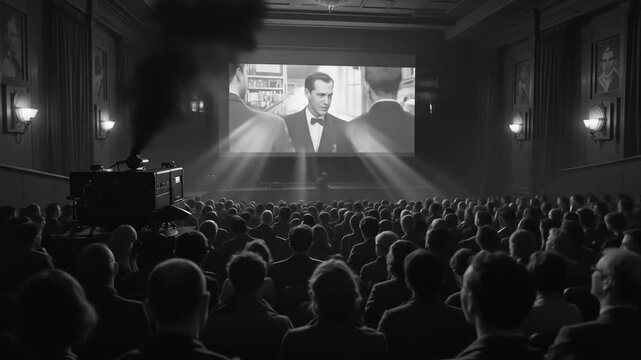 A black and white cinema with a crowd watching an old noir film with a retro projector. 4k video