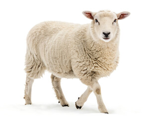 Fototapeta premium A full body shot of a sheep with white wool standing on a white background looking at the camera directly