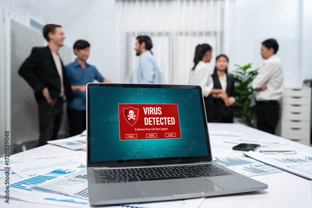 Poster virus warning alert on computer screen detected brisk cyber threat , hacker, computer virus and malw