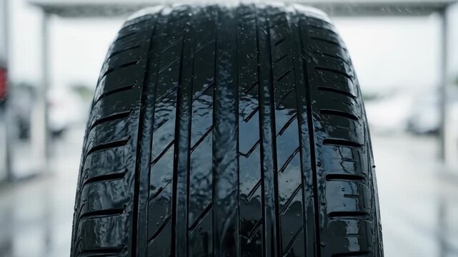 Close-up of wet black car tire with detailed tread pattern under water spray, showcasing texture and design in an outdoor setting on a cloudy day, emphasizing durability and performance