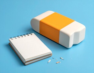Oversized pencil eraser next to a very small notebook.
