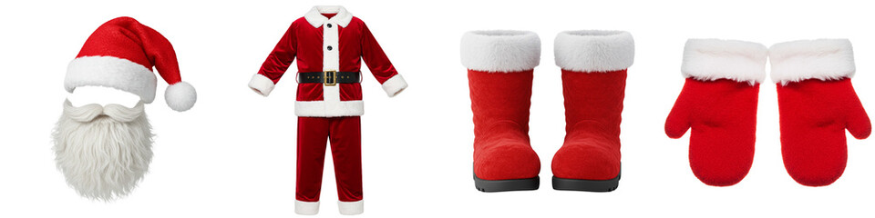 Santa Claus costume and accessories on a transparent background