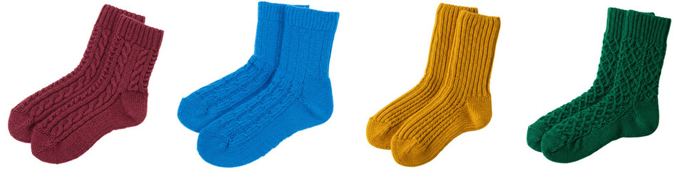 Colorful knitted socks on a white background, photo set on a transparent background 
