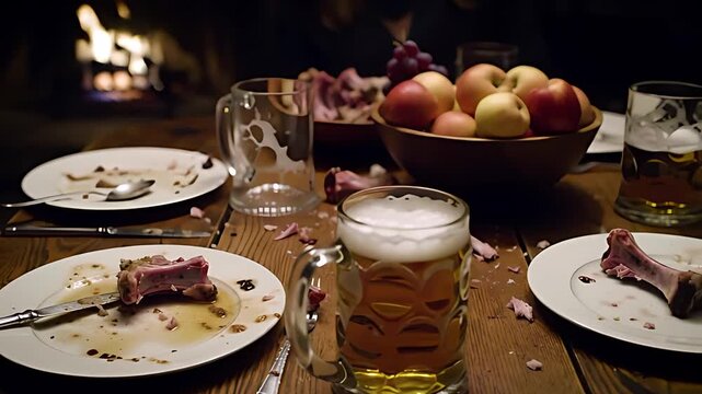 Slow pan reveals a table laden with half-empty beer steins and plates, showcasing the joyful remnants of a celebratory feast.