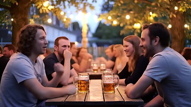 Golden twilight ambiance: Warm, inviting string lights softly illuminate a vibrant beer garden, creating a magical atmosphere for relaxation and socializing.