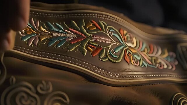 Intricate colorful embroidery and horn buttons on leather lederhosen, captured in a tight focus closeup shot, showcasing traditional craftsmanship.