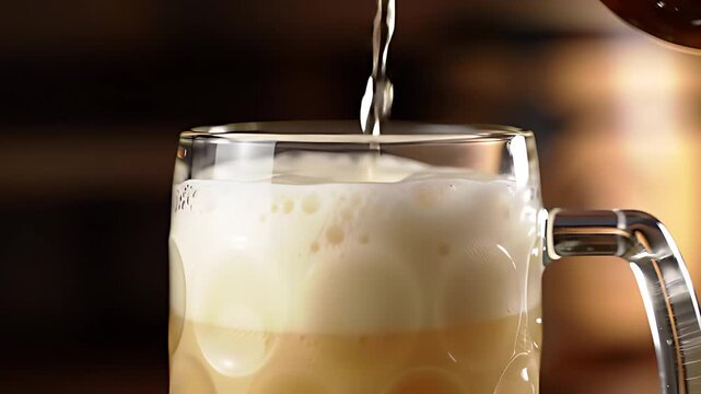 Golden German lager beer, a liter ma stein, poured perfectly with thick creamy foam rising over the rim in slow motion.