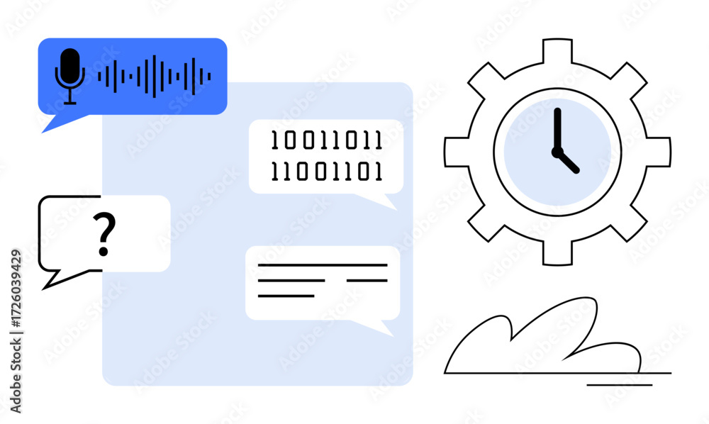 Fototapete speech audio input, binary code, dialogue bubbles, gear with clock, and abstract elements. ideal for