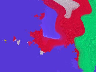 Abstract background with blue, red, green, and white organic shapes.