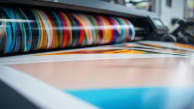 Close-up of a large-format digital printer in action, printing color graphics onto a roll of vinyl. 4k video