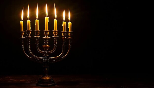 Golden Menorah with seven candlesticks shines in the dark