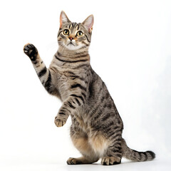 Fototapeta premium A tabby cat standing on its hind legs with its paw raised on a white background in a studio shot