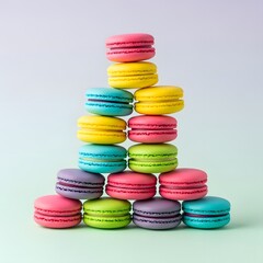 Assorted colorful macarons stacked in a pyramid, isolated on a pastel background.