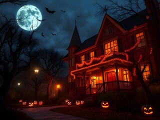 Fototapeta premium Halloween House with Pumpkins Bats and Full Moon
