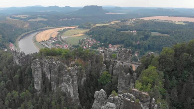 Panoramic view of the bastei bridge and elbe river in saxon switzerland, germany