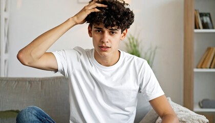 Young man in white tee sits on couch, hand in curly hair, indoor, looking perplexed