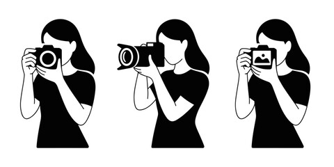 Vector illustration of women photographers. This black silhouette set shows female figures in different photography actions—taking pictures, holding a professional camera, and displaying a photo. Suit