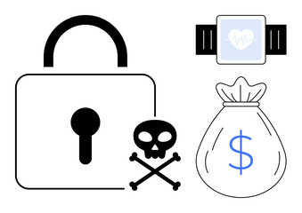 Padlock, skull with crossbones, money bag, and smartwatch with heart rate. Ideal for cybersecurity, data privacy, finance, healthcare, risk management hacking awareness simple flat metaphor