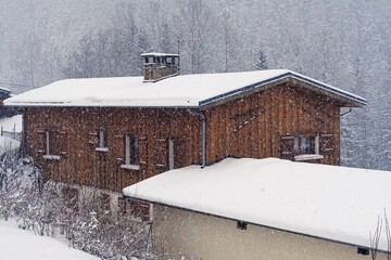 France - Peisey-Nancroix - Wooden Chalet - Snowfall in winter landscape
