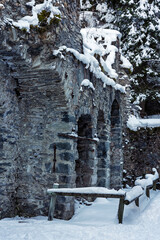 France - Peisey-Nancroix - Mine Palace - Snow-covered stone archway in mining ruins