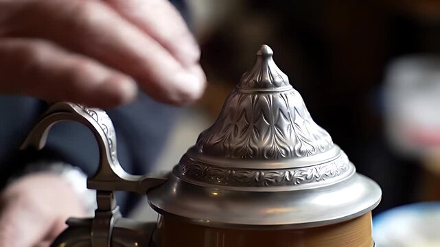Close-up of a traditional beer stein lid flipping open and shut with a thumb lever, showcasing a rhythmic, satisfying motion &ndash; perfect for Oktoberfest or pub ambiance.