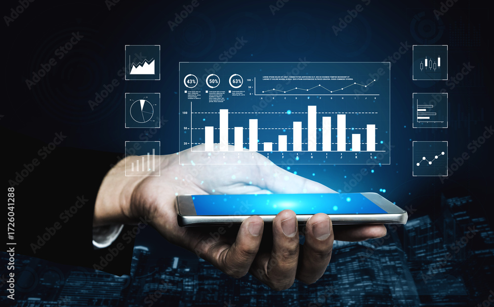 Aufkleber an interface for financial data analysis and stock market reporting. a collection of charts for trac
