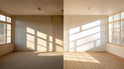Split view of empty room before and after renovation