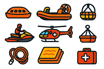 Rescue Vehicle Icons. Flat vector icons of rescue boats: lifeboat, rigid inflatable boat, rescue hovercraft, jet ski rescue, SAR