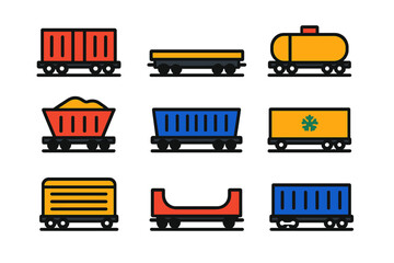 Colorful Freight Icons. Flat vector icons of freight car types: boxcar, flatcar, tank car, hopper car, gondola car, refrigerated