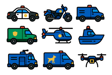 Police Vehicle Icons. Flat vector icons of police vehicles: patrol car, motorcycle, SWAT van, armored truck, helicopter, boat,