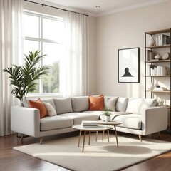Serene Living Room: Modern home decor, natural light floods a minimalist living space, highlighting a chic sectional sofa, elegant coffee table, and curated decor, creating a sense of tranquility. 