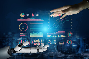 This image showcases the collaboration between a human and a robot, emphasizing technological advancement through dynamic data visualization in a futuristic setting. Impute