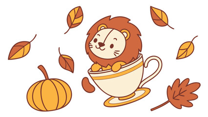 Vector illustration of a Funny Lion with sitting in a teacup ride, styled in a Autumn theme using Autumn Leaves colors