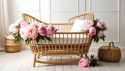 Rattan Baby Crib Decorated with Pink Peonies and Wicker Baskets