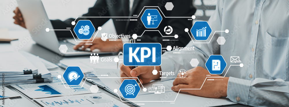 Poster modern office setting showcasing a collaborative environment with focus on kpis, objectives, and per