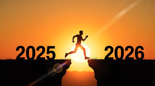 Dynamic silhouette of person leaping from 2025 to 2026 across a chasm against a vibrant sunset symbolizing progress and future achievement