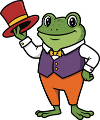 Obraz premium Frog wearing orange pants purple vest and holding red top hat cartoon character vector illustration 