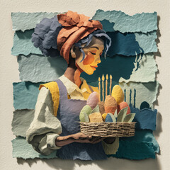 Woman holding basket of colorful Easter eggs with candles  