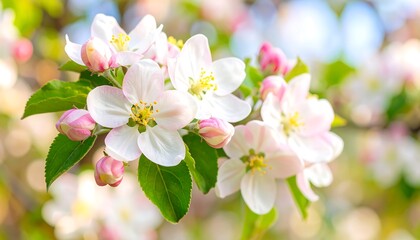 Fototapeta premium Spring blooms delicate white flowers and pink buds on a tree branch, bokeh backdrop