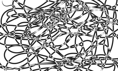 Abstract black and white graphic design with interwoven lines and shapes.