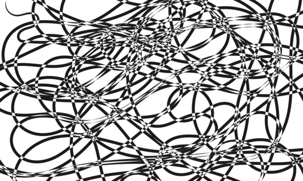 Abstract black and white graphic design with interwoven lines and shapes.