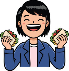Obraz premium Happy woman holding two sandwiches enjoying fresh delicious food in casual wear smiling cheerful expression vector illustration 